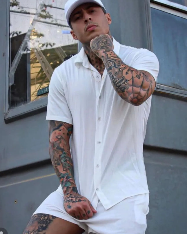 Camisa conjunto lisa masculina slim fite manga curta férias 268