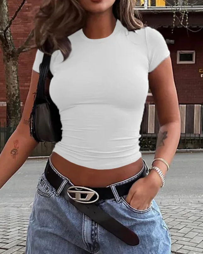 Camiseta Casual Versátil de Manga Curta e Cor Sólida para o Natal Vaiaye para Mulheres 153