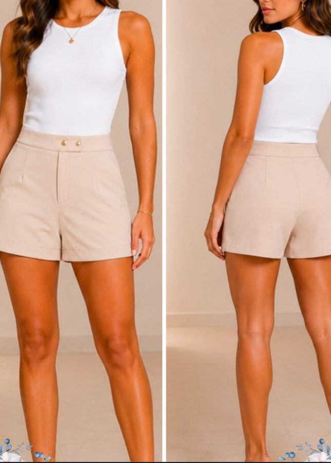 Short Feminino Alfaiataria Cintura Alta com Botões Dourados 598
