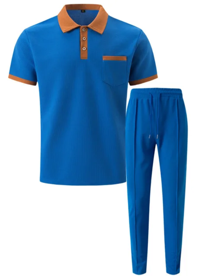 Men's Breathable Polo Shirt & Long Pants Set – Waffle Collar Edition