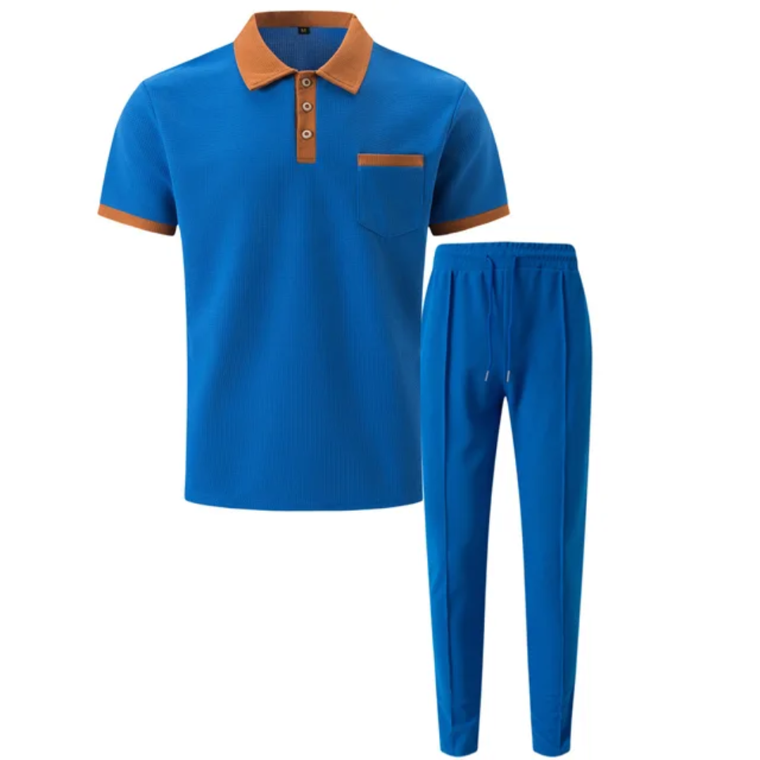Men's Breathable Polo Shirt &amp; Long Pants Set – Waffle Collar Edition