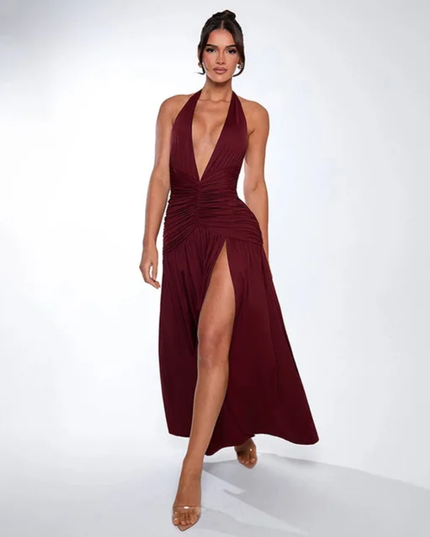 Vestido Longo Elegante de Decote em V com Halter, Vestido com Fenda Sexy, Pregueado e Costas Abertas 302