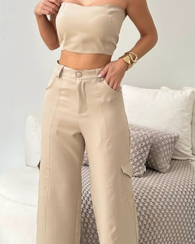 Conjunto Feminino Alfaiataria Casual Elegante Calça Cargo e Top 322
