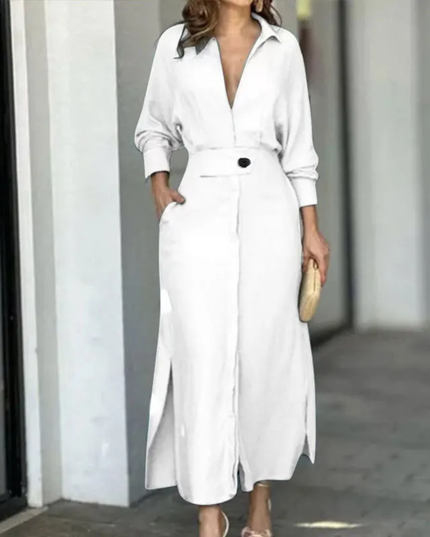 Vestidos Feminino De Lapela De Manga Comprida De Cor Sólida 188