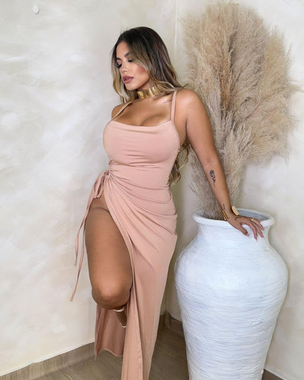 vestido feminino suplex com toque  de poliamida, trançado nas costas, empina com fenda, primavera verão 484