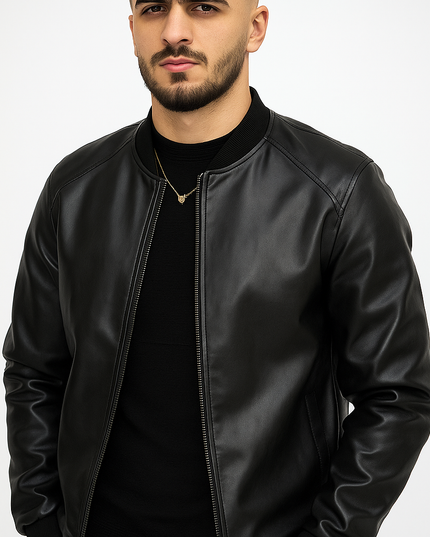 Jaqueta de couro preta casual com gola de beisebol 10