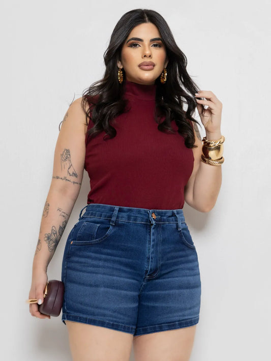 Short Jeans Plus Size Feminino Strass Algodão Cintura Alta Jeans Lavado 254