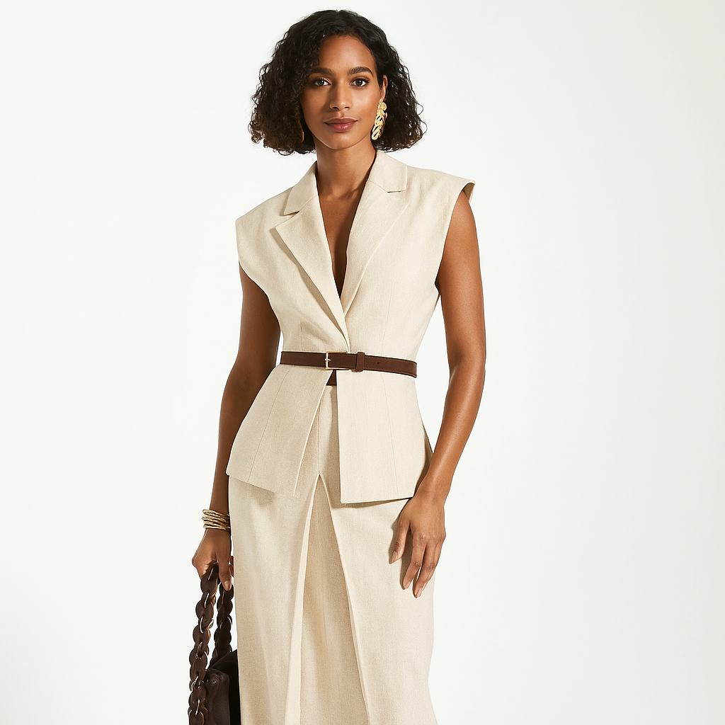 V neck waist belt sleeveless wide shoulder cinched Waistcoat