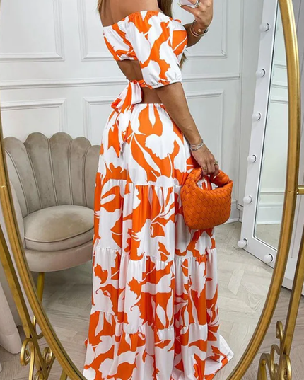 Vestido Elegante Ombros de Fora, Cintura Alta, Sino, com Estampa Gráfica, Vestimenta de Clube Estilosa 203