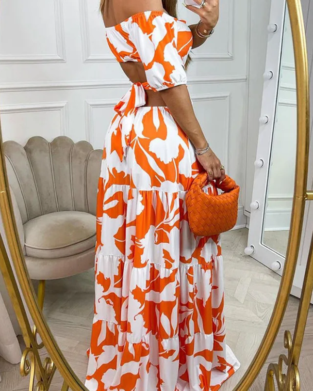 Vestido Elegante Ombros de Fora, Cintura Alta, Sino, com Estampa Gráfica, Vestimenta de Clube Estilosa 203