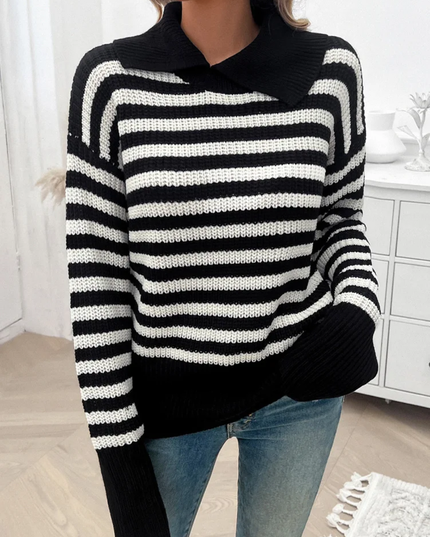 Suéter de Gola Polo Casual de Manga Longa com Listras, para Outono 182