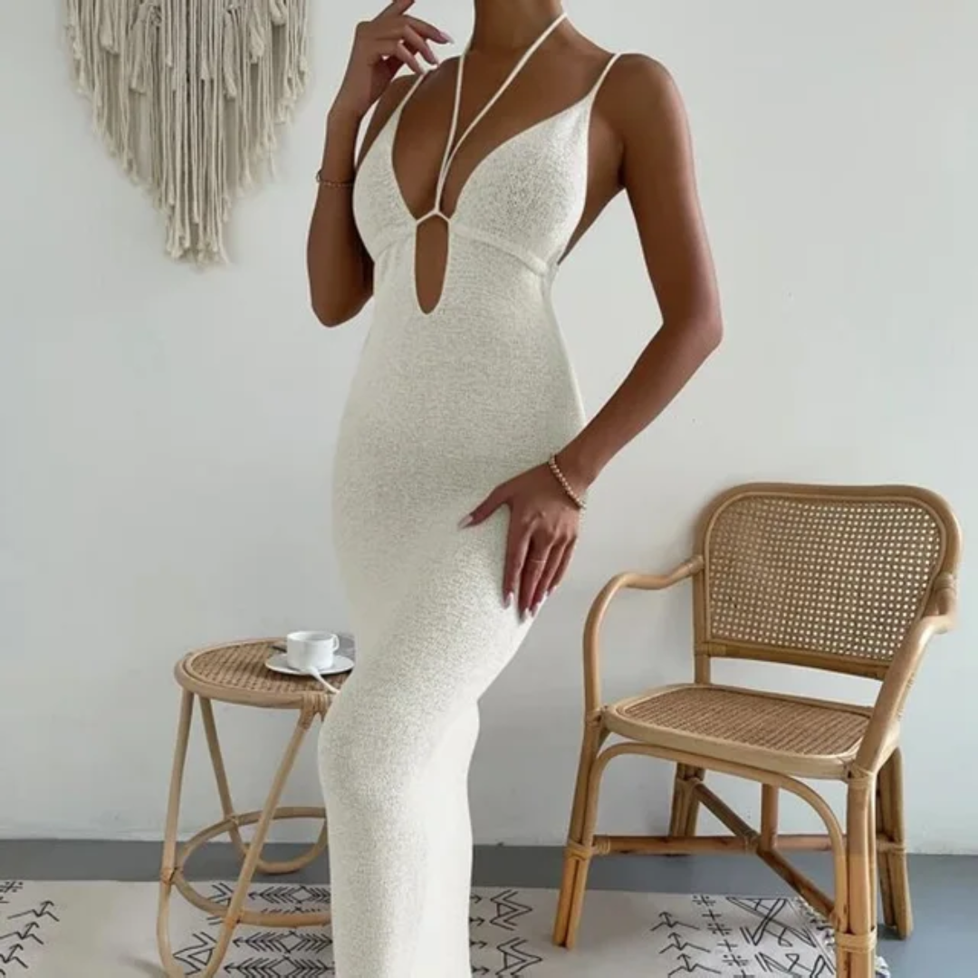 Hollow lace hanging neck strap knitted backless bikini dress