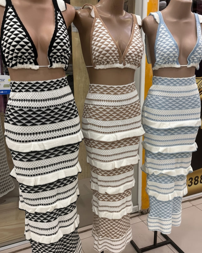 Conjunto Midi Tricot Listrado Lunii Elegante Malha Verão Moda Praia 260