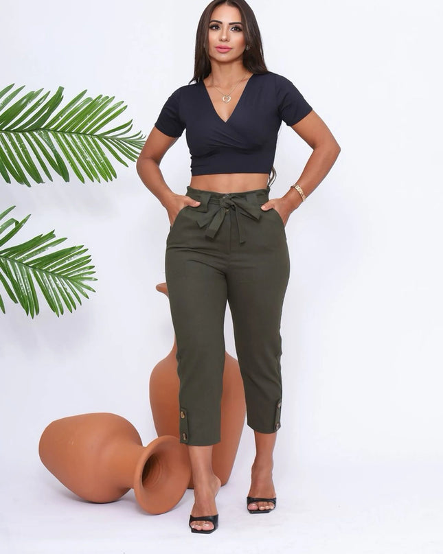 Calça Feminina Estilosas em Linho com Botão na Barra 512