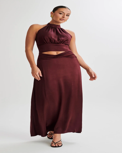Satin halter neck top ruched long skirt set