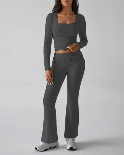 Conjunto de Duas Peças Feminino para Outono, Slim, Sexy, Cor Sólida, Top de Manga Longa com Gola Quadrada e Calça 118