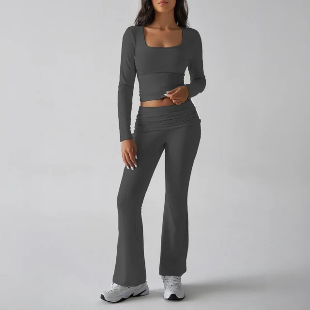 Conjunto de Duas Peças Feminino para Outono, Slim, Sexy, Cor Sólida, Top de Manga Longa com Gola Quadrada e Calça 118