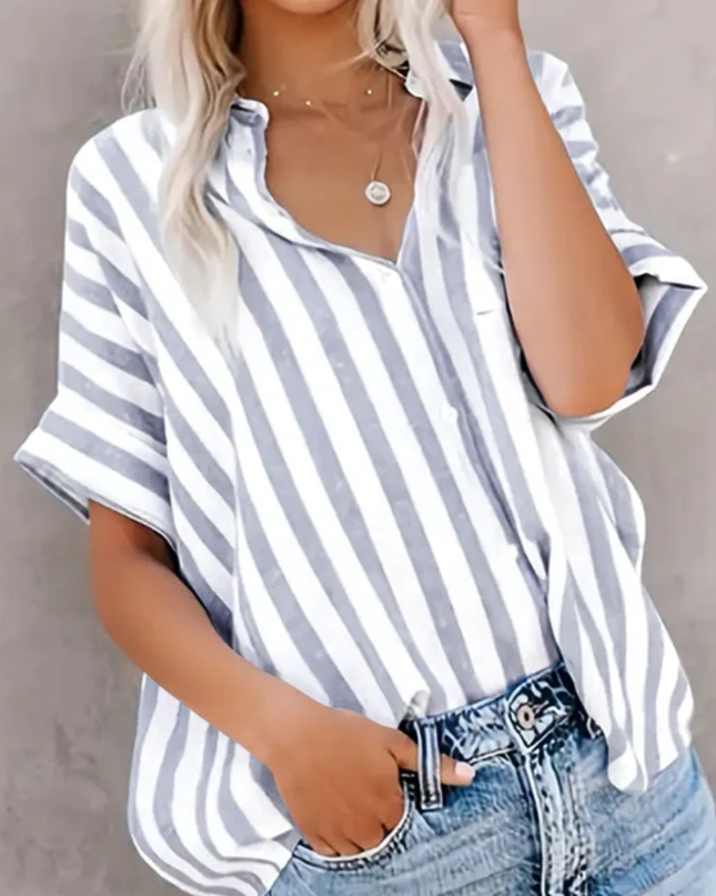 Blusa casual soltaabaloe com mangas tipo morcego, de manga curta e listrada, de abotoamento único 120