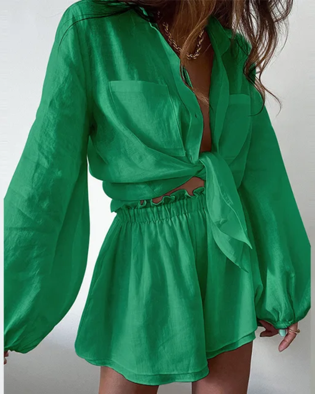 Conjunto de Shorts e Blusa com Babados na Barra, Cor Sólida e Casual para Mulheres 186