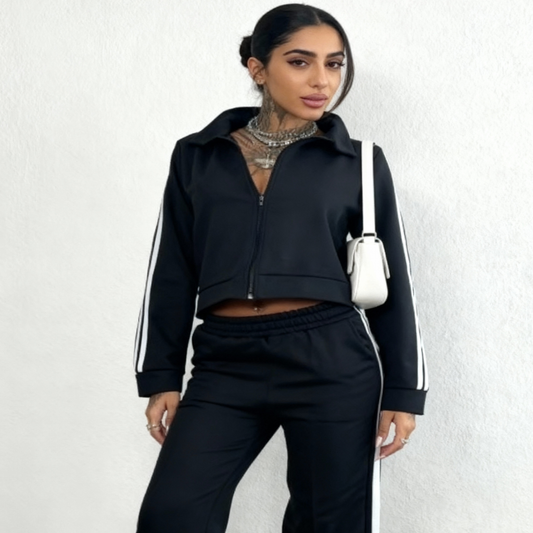 Conjunto de moletom feminino com zíper e listras 52