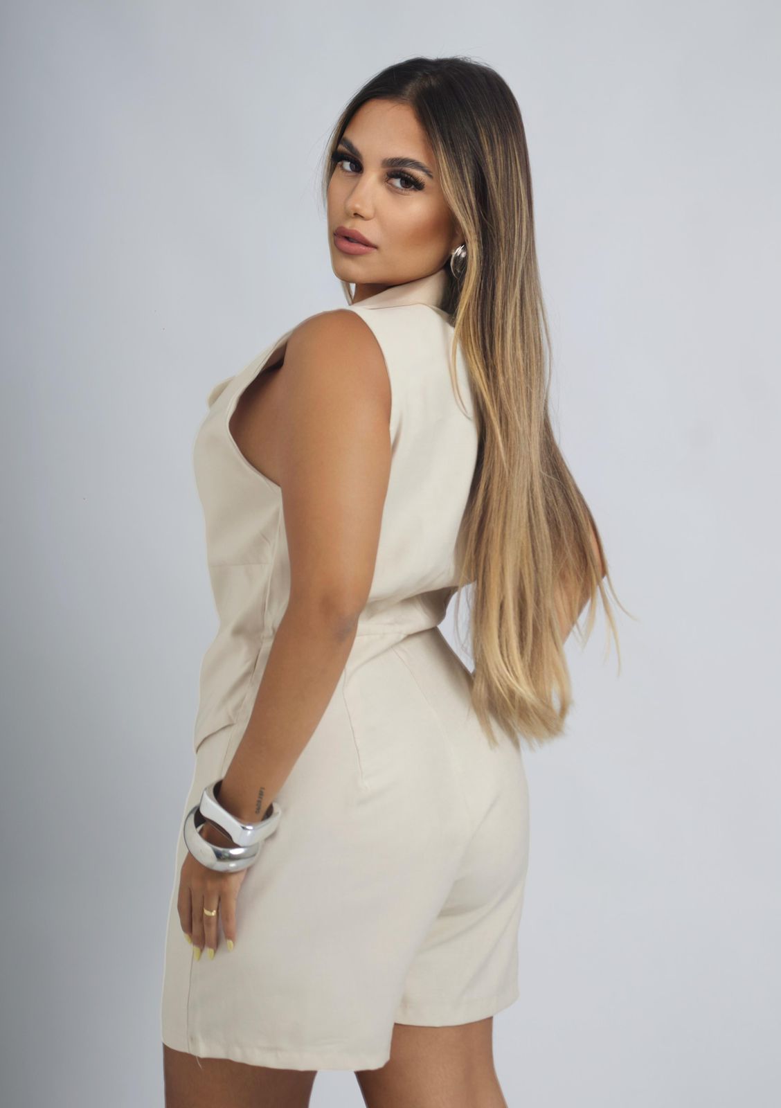 Macaquinho amarração 
Super elegante Feminino Alfaiataria Colete Longo Short Cós Alto Casual 456