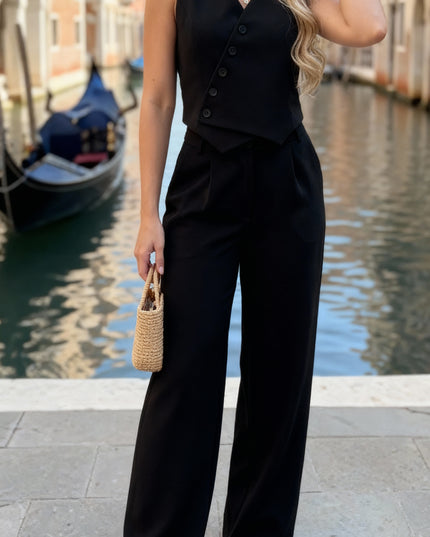 Assimétrico Conjunto Feminino de Duas Peças: Colete com Gola Halter e Calça Longa 57