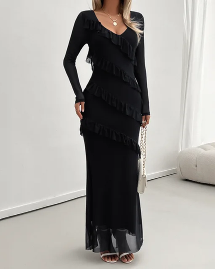 Vestido Malha Elegante e da Moda Feminino com Babados e Decote em V, de Comprimento Médio 176