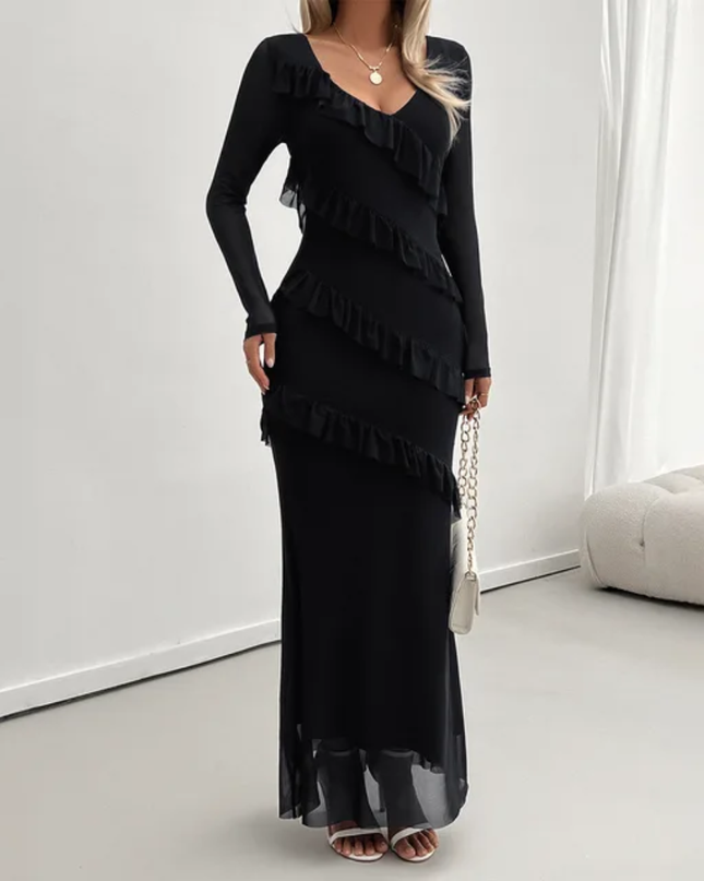 Vestido Malha Elegante e da Moda Feminino com Babados e Decote em V, de Comprimento Médio 176