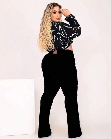 Calça Jeans Feminina Flare Plus Size Preta Algodão Premium  Cortar e costurar Padrão Texturizado  Bloco de cores Bolso Zíper 256