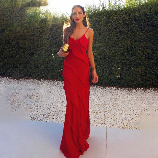 Vestido Vermelho para Mulheres com Babado na Barra, Ajustado, de Cor Sólida Tecida 213