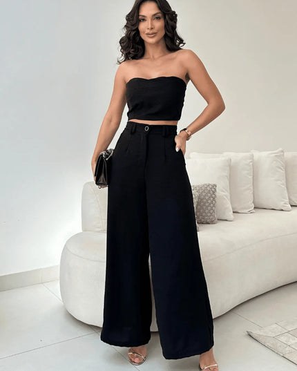 Conjunto Feminino Casual Elegante Calça Pantalona Cintura Alta e Cropped Duna 244