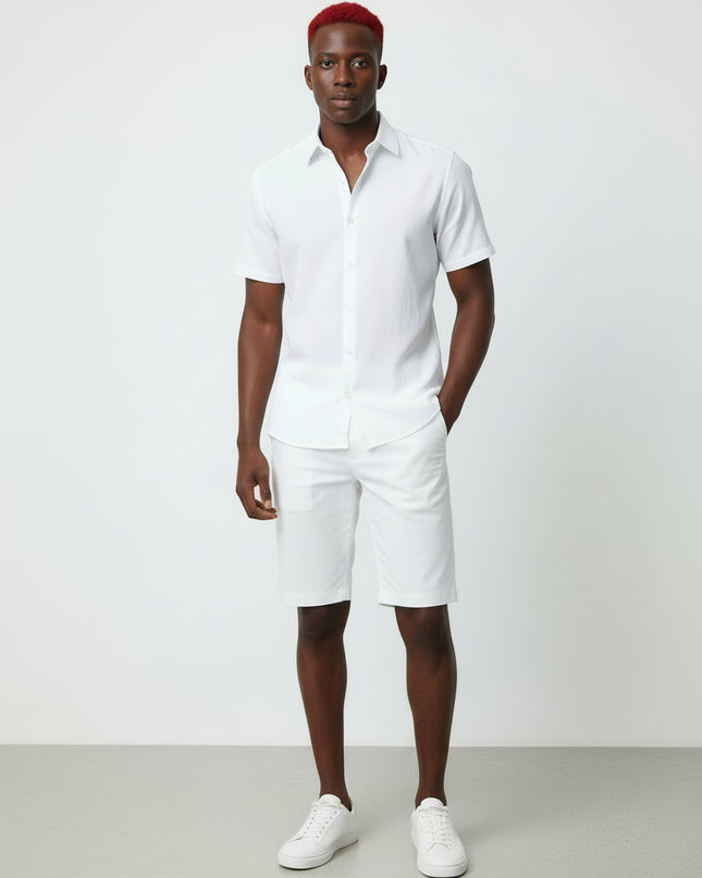 Conjunto masculino de lisa de algodão e manga curta com botões, shorts de praia e verão 473