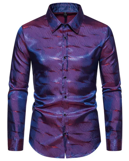 Homem Meia-Noite Camisa Masculina de Manga Longa com Gola Alta Jacquard, Ajuste Solto, Outono, Formal 591