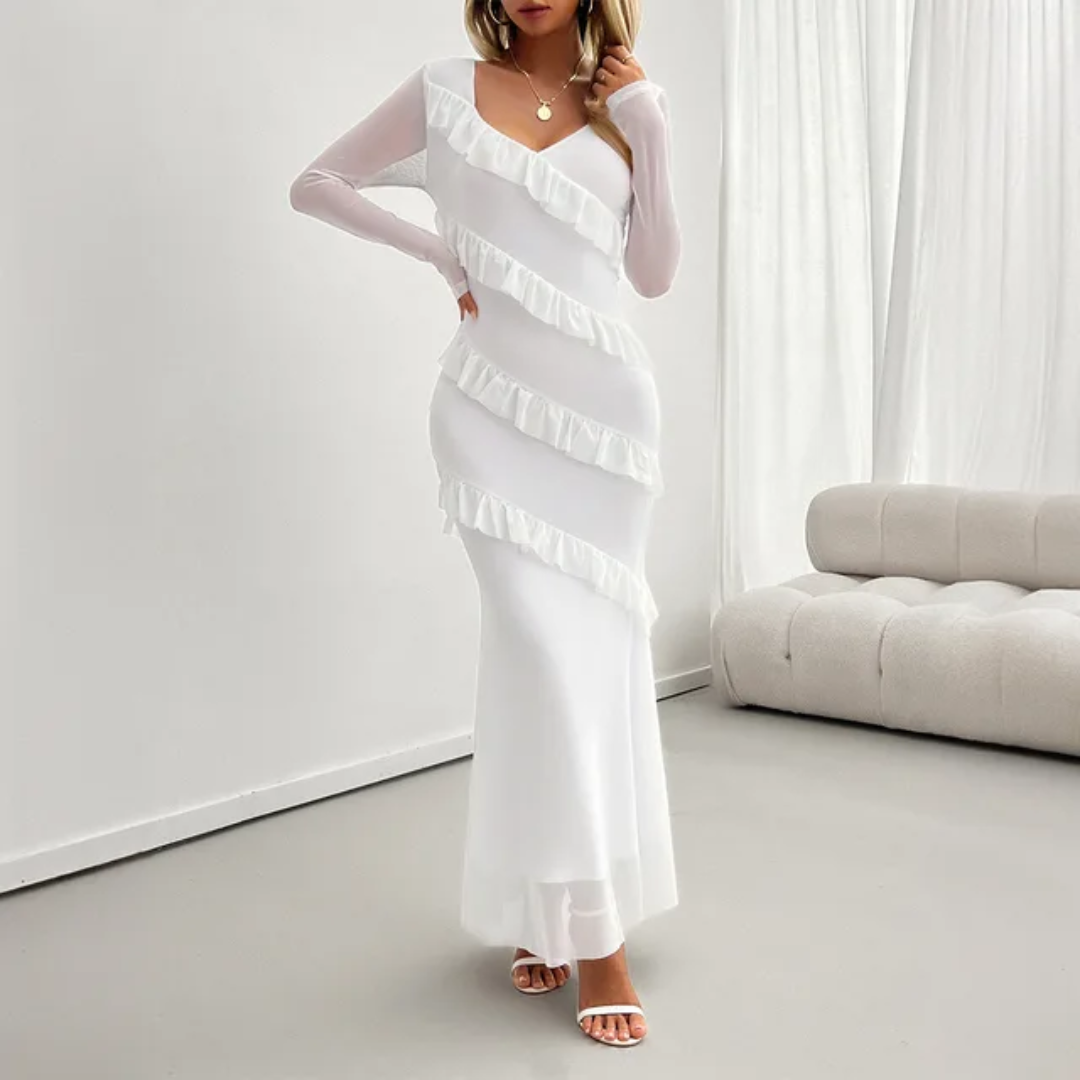 Vestido Malha Elegante e da Moda Feminino com Babados e Decote em V, de Comprimento Médio 176