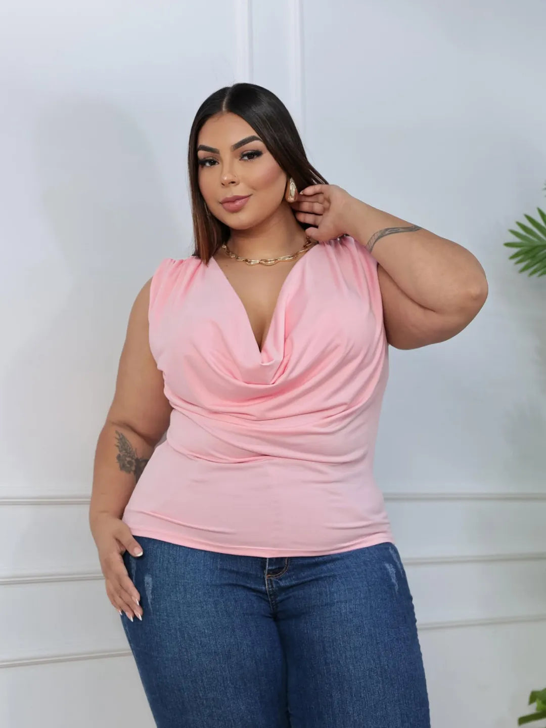 Top Regata Básica Elegante e Confortável, Versátil para o Dia a Dia, Gola Redonda Rosa, Tamanhos Plus Size para Mulheres 262