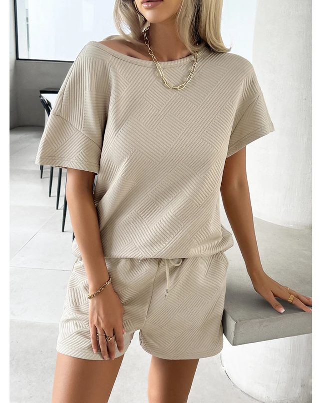 Conjunto Camiseta de Verão, Camiseta de Gola Careca de Manga Curta com Estampa de Morcego Texturizada para Mulheres 152