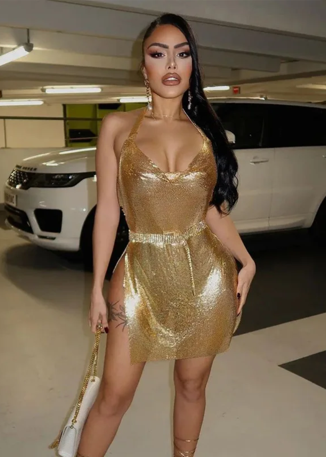 Vestido Curto Metalizado Rasgado com Decote Profundo para Mulheres 502