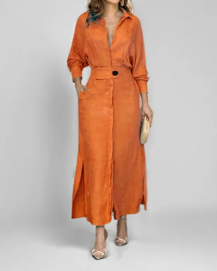 Vestidos Feminino De Lapela De Manga Comprida De Cor Sólida 188