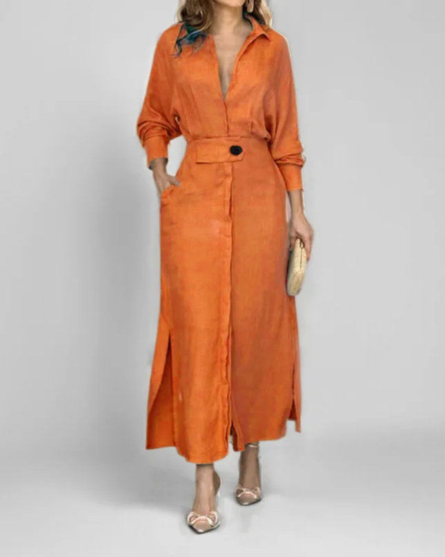 Vestidos Feminino De Lapela De Manga Comprida De Cor Sólida 188