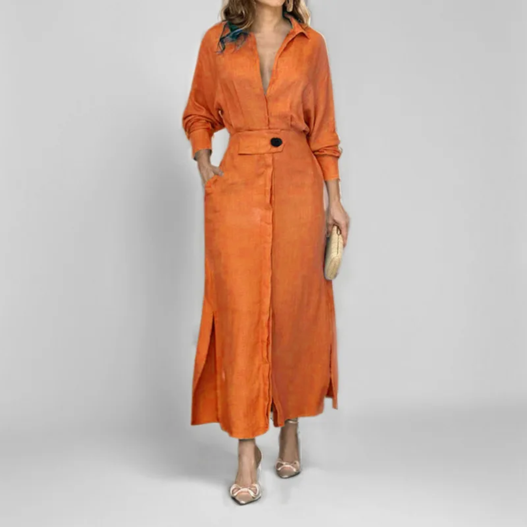 Vestidos Feminino De Lapela De Manga Comprida De Cor Sólida 188