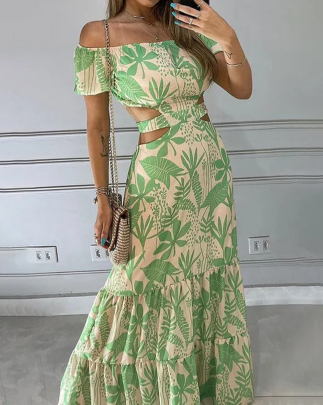 Vestido Elegante Ombros de Fora, Cintura Alta, Sino, com Estampa Gráfica, Vestimenta de Clube Estilosa 203