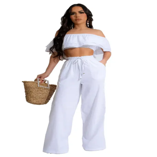 Casual two piece bow collar ruffled pants set