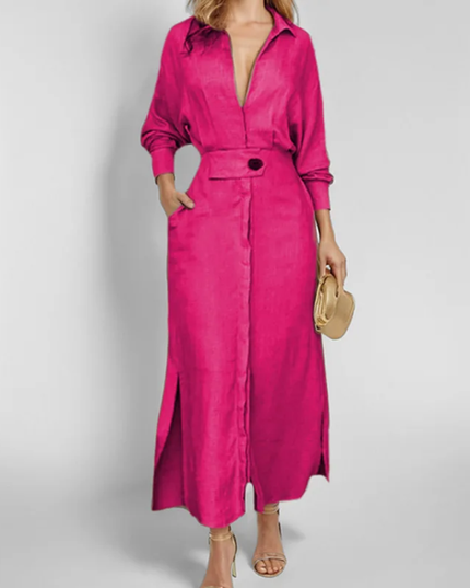 Vestidos Feminino De Lapela De Manga Comprida De Cor Sólida 188