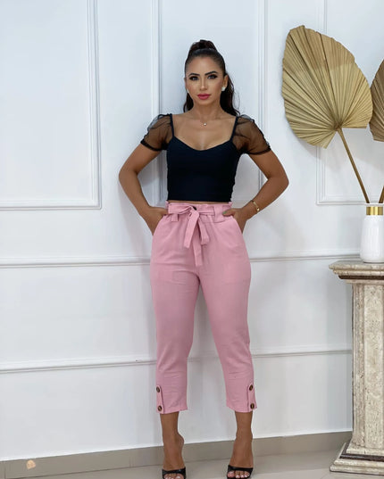 Calça Feminina Estilosas em Linho com Botão na Barra 512