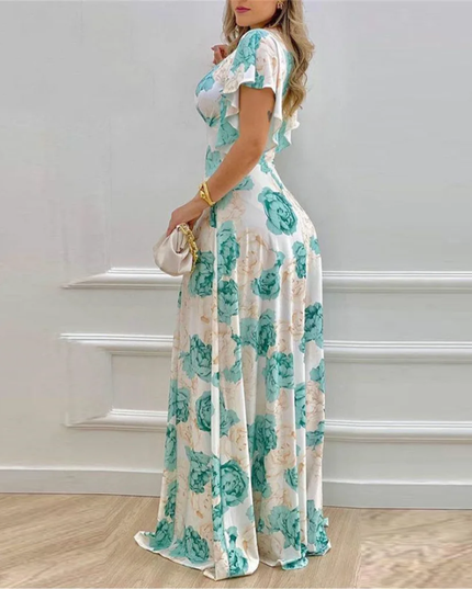 Vestido Longo Floral com Babados e Decote em V para Mulheres, Primavera e Verão. 218