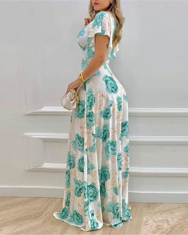 Vestido Longo Floral com Babados e Decote em V para Mulheres, Primavera e Verão. 218
