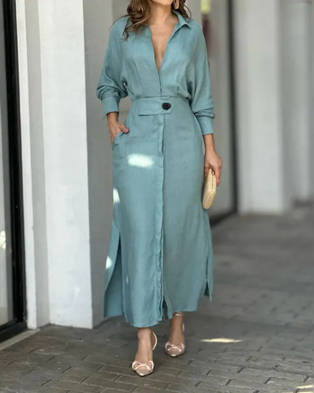 Vestidos Feminino De Lapela De Manga Comprida De Cor Sólida 188