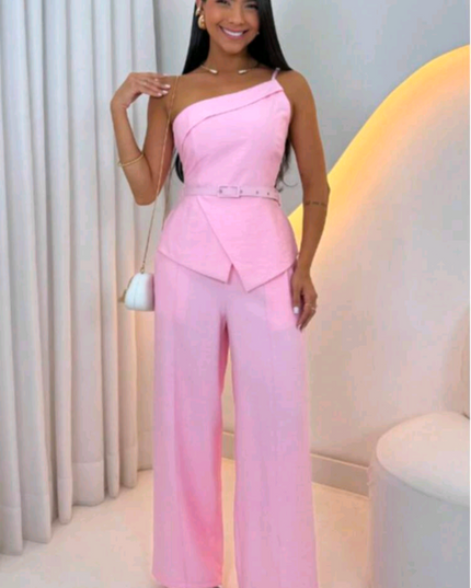 Conjunto Feminino Blusa 1 ombro Assimetrica e calça Pantalona Com cinto 326