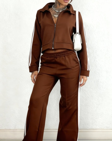 Conjunto de moletom feminino com zíper e listras 52