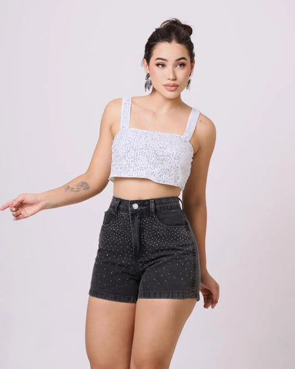 Short jeans aplicação strass bolso na frente 329